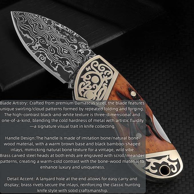 Damascus Steel Knife Knives for Men HRC 60 Natural Bone Handle Hand-Forged Damascus Folding Knife Gifts for Hunters Men who have Everything Camping Knives &amp Tools Gift Ideas for Boyfriend