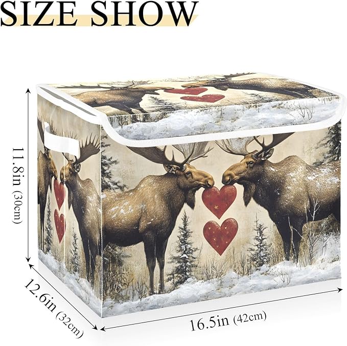 AIXIWAWA Lidded Storage Cube (Heart Moose) Fabric Foldable Closet Bins with Flip Lid and Handles Organizer Basket Container 16.5 x 12.6 x 11.8 IN