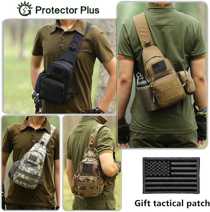 Protector Plus Tactical Sling Bag Military MOLLE Crossbody Pack Chest Shoulder Backpack with Water Bottle Holder Pouch EDC Diaper Motorcycle Bicycle Daypack (Patch Included)Brown