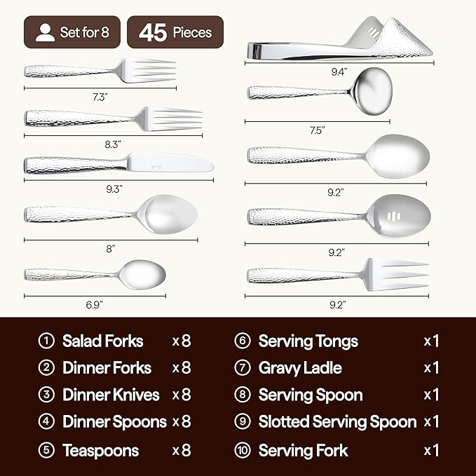 Luciella Ponza Flatware Set for 8 45-Piece Stainless Steel Silverware Set with Serving Utensils Timeless Hammered Design Rust-Resistant Mirror Polished &amp Dishwasher Safe Mothers Day Gifts