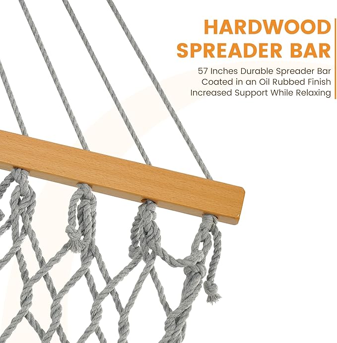 Lazy Daze Hammocks 12FT Double Rope Hammocks 2 Person Hand Woven Cotton Hammock with Spreader Bar Carabiner Tree Strap Chain for Outside FIT 13-15 FT Stand Max 450 Lbs Light Grey