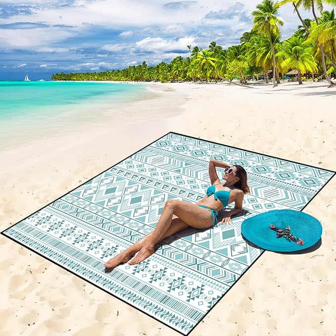 Beach Blanket Waterproof Sandproof Beach Mat 79 X 83/10'x9'for 2-8 Adults Quick Drying Outdoor Picnic Mat Beach Accessories for Travel Camping Hiking
