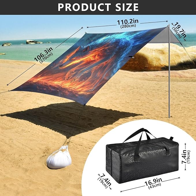 ALAZA Flame Wolf Beach Tent Sun Shelter UPF50+ Protection Beach Shade Canopy w/ 4 Sandbags for Outdoor Camping Fishing Backyard Fun Picnic 10x9 ft