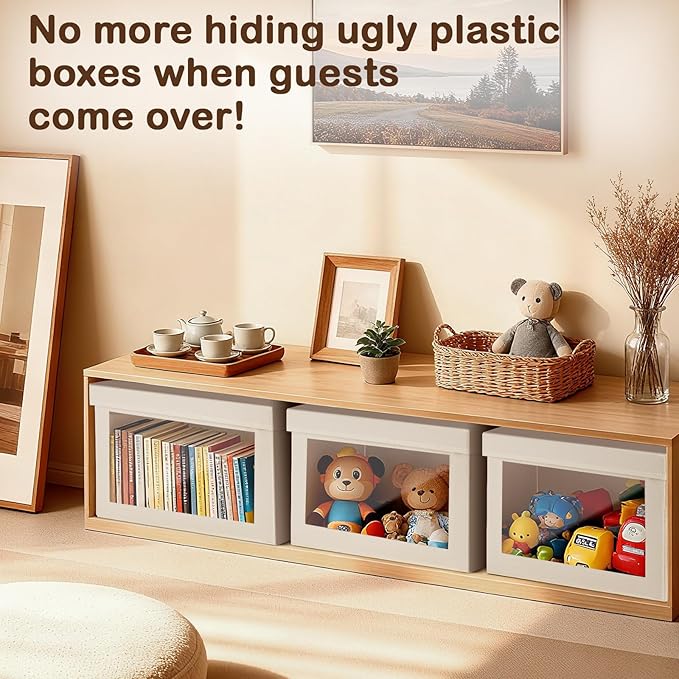 VZZNN Collapsible Toy Storage Bins 6 PCS with Lids &amp Clear Window Fabric Organizers with Handles for Closet Nursery Playroom | Beige Decorative Storage Boxes (14.5x9.4x9.8 Inches)
