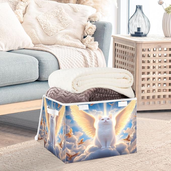 White Cat Wings Clouds Birds Storage Bins with Lids Foldable Storage Boxes Cube Closet Storage Baskets Container Organizers for Home Bedroom Office