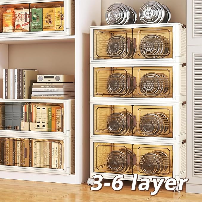 Stackable Storage Bins with Magnetic Doors &amp Top Lid Foldable Rolling Storage Cabinet with Wheels Collapsible Plastic Closet Organizer Tower for Clothes Shoes Blankets Bedroom&ampDorm (4 Tier)
