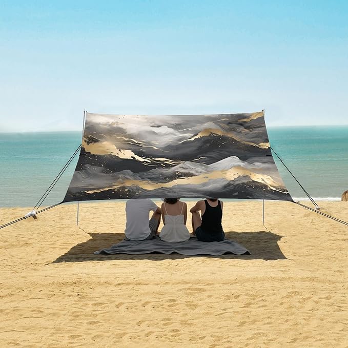 ALAZA Black &amp Gold Marble Mountain Beach Tent Sun Shelter UPF50+ Protection Beach Shade Canopy w/ 4 Sandbags for Outdoor Camping Fishing Backyard Fun Picnic 10x9 ft
