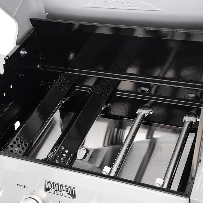 Monument Grills 4-Burner Liquid Propane Gas Grill Silver Stainless Steel Grill Patio Garden Barbecue Grill with Clearview® Lid and One Foldable Shelf Mesa400MF with BBQ Cover