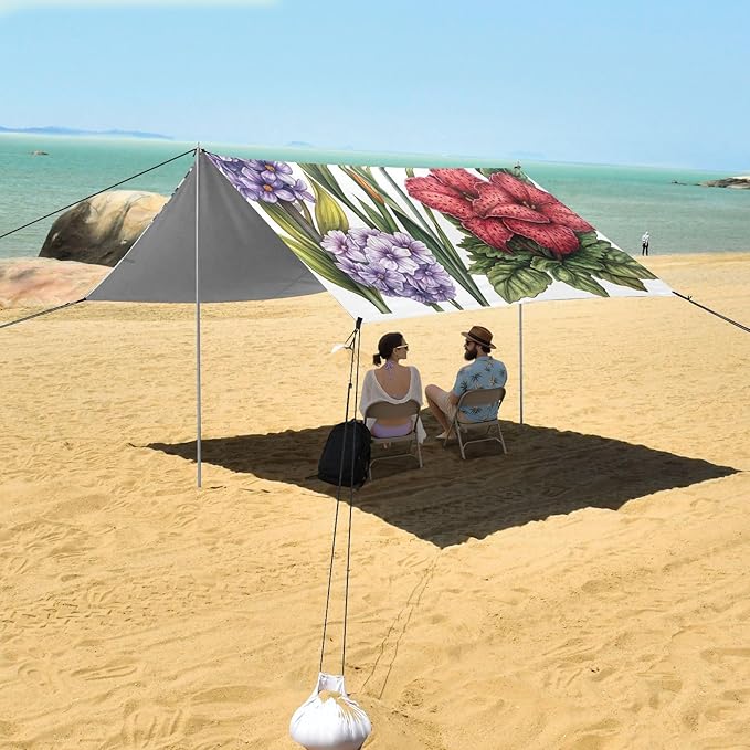 Spring Flowers Hyacinths Calla Lily Amaryllis White Beach Tent UPF50+ Easy Setup Large Sun Shelter with Sturdy Poles Sandbags and Shovel for Camping Picnics Backyard