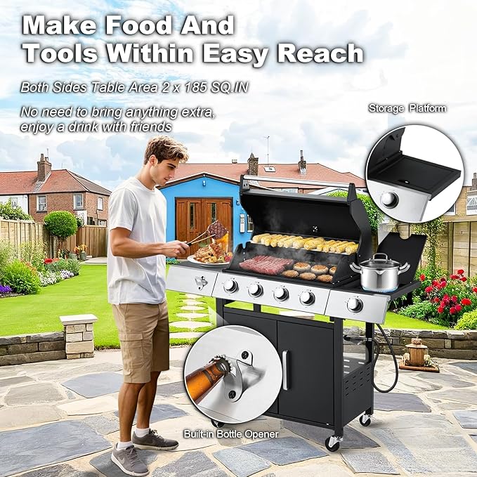 MELLCOM Upgraded 44000 BTU Stainless Steel Burner Barbecue Grill 4 Burner BBQ Propane Gas Grill with Side Stove &amp Cast Iron Grates for Patio Camping Outdoor Cooking