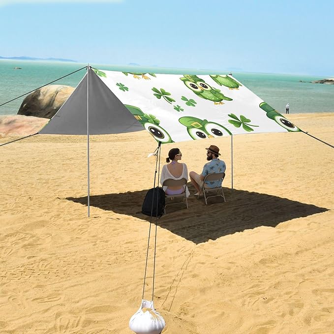 St. Patrick's Day Beach Canopy Sun Shelter with Sandbags &amp Sand Shovel &amp Windproof Ropes - Portable 110x126 Beach Shade Beach Tent for Camping Picnics