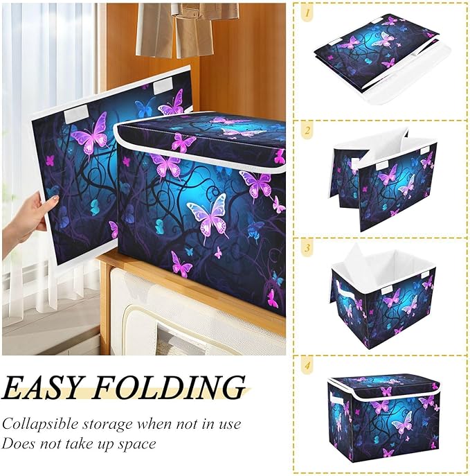 YETTASBIN Purple Blue Butterfly Storage Basket with Lid and Handles Large Collapsible Fabric Storage Bins Durable Storage Organizer for Shelves Closet Bedroom School Office Home Decor