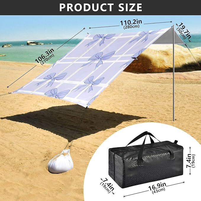 ALAZA Grid Background Purple Bow Pattern Beach Tent Sun Shelter Portable Canopy Sunshade for Outdoor Camping Picnics Backyard Fun 10x9 ft