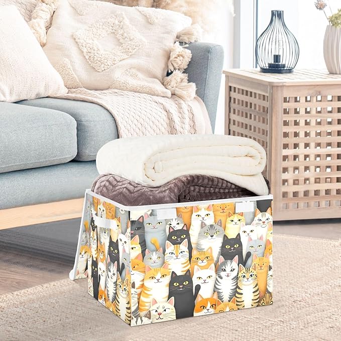 Group Of Cats Storage Cube Bins Basket with Lid Collapsible Flip-top Fabric with Handle for Home Bedroom Closet Office 16.5×12.6×11.8 in