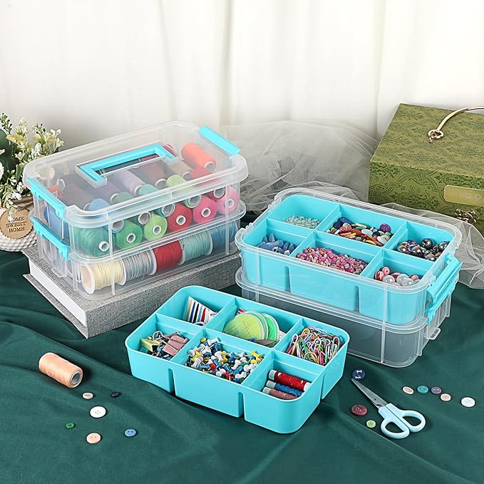 JUXYES 4-Tiers Stack Carry Storage Box With 2 Divided Tray Transparent Stackable Storage Bin With Handle Lid Latching Storage Container for School &amp Office Supplies Blue