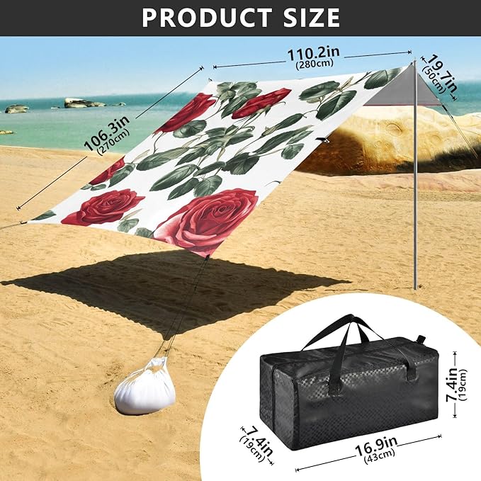 ALAZA Beautiful Red Roses Beach Tent Sun Shelter Portable Canopy Sunshade for Outdoor Camping Picnics Backyard Fun 10x9 ft