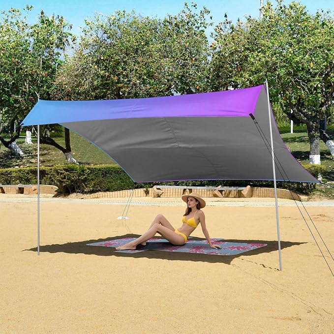 Blue Purple Gradient Beach Tent &amp Canopy UPF50+ Protection Waterproof Large Portable Sun Shelter with Sandbags and Shovel for Camping Picnics Backyard &amp Fishing