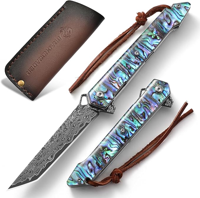 Damascus Pocket Knife 8.97 Tanto Folding Knife Handmade Forged VG10 Core 67-Layer Damascus Steel with Abalone Seashell Handle Leather Sheath
