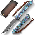Damascus Pocket Knife 8.97 Tanto Folding Knife Handmade Forged VG10 Core 67-Layer Damascus Steel with Abalone Seashell Handle Leather Sheath