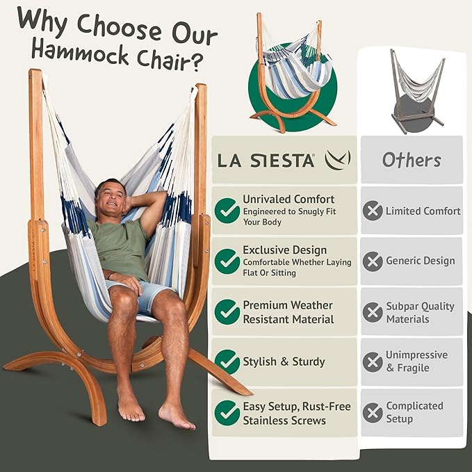 LA SIESTA® - Udine Weather-Resistant Hammock Chair with Wooden Stand - Handmade Tear-Resistant Hammock Chair for Outdoor Relaxation - FSC Certified Eucalyptus Hammock w/Stand for Outside - Sea Salt