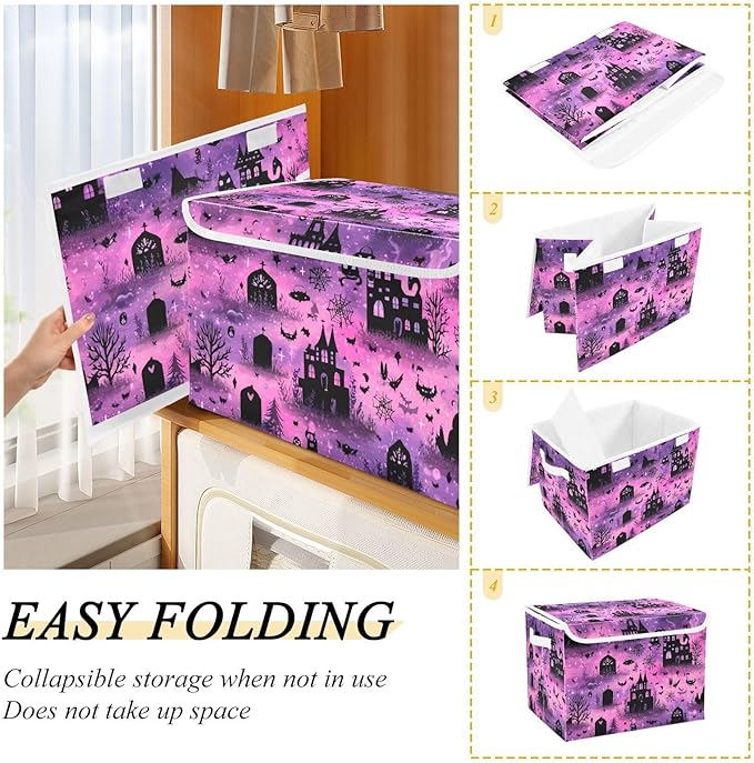 Pink Halloween Castles Cat Tombstones Storage Box with Lid 1 PC Foldable Storage Bin with Lids Stackable Storage Bins Cube Closet Organizer Basket with Flip-Top Lid &amp Handles for Shoes Books