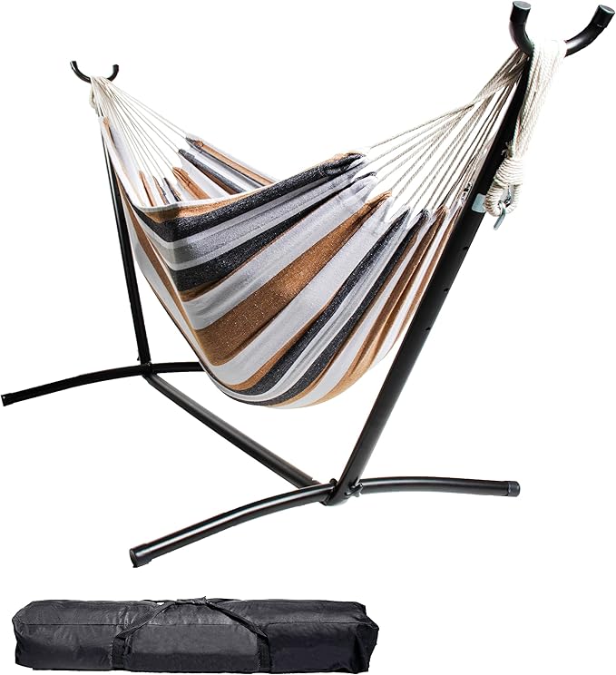 Backyard Expressions Double Camping Hammock with Steel Stand &amp Carrying Bag Adjustable Height Ultra Soft Cotton Blend 550 lb Capacity Indoor &amp Outdoor Portable Hammock