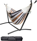 Backyard Expressions Double Camping Hammock with Steel Stand &amp Carrying Bag Adjustable Height Ultra Soft Cotton Blend 550 lb Capacity Indoor &amp Outdoor Portable Hammock