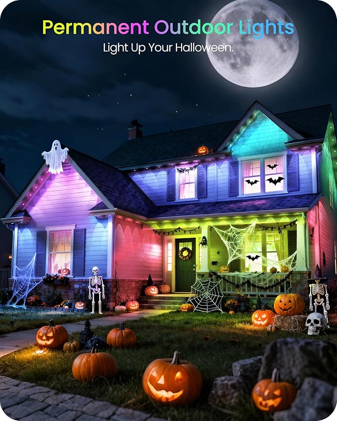 Permanent Outdoor Lights 150 FT RGB &amp White Outdoor Eaves Light with 72 LED Lights App/Remote Control IP65 Waterproof Christmas String Lights for Festival Party Holiday Decor W04EL05
