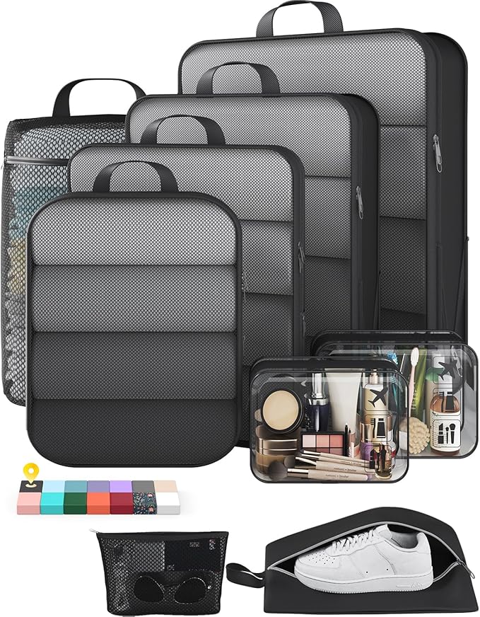 Veken 9/11 Set Compression Packing Cubes for Travel EssentialsCompressible Expandable Large Luggage Suitcase Organizer Bags for ClothingDurable Space Saver Storage Bags with Toiletry Bags(Black)