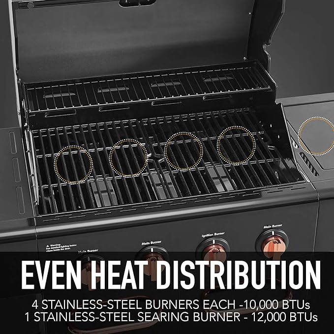Kenmore 4-Burner BBQ Gas Grill with Searing Side Burner Propane Grill 52000 BTUs Warming Rack Electronic Ignition &amp Cast Iron Cooking Grates Black/Copper