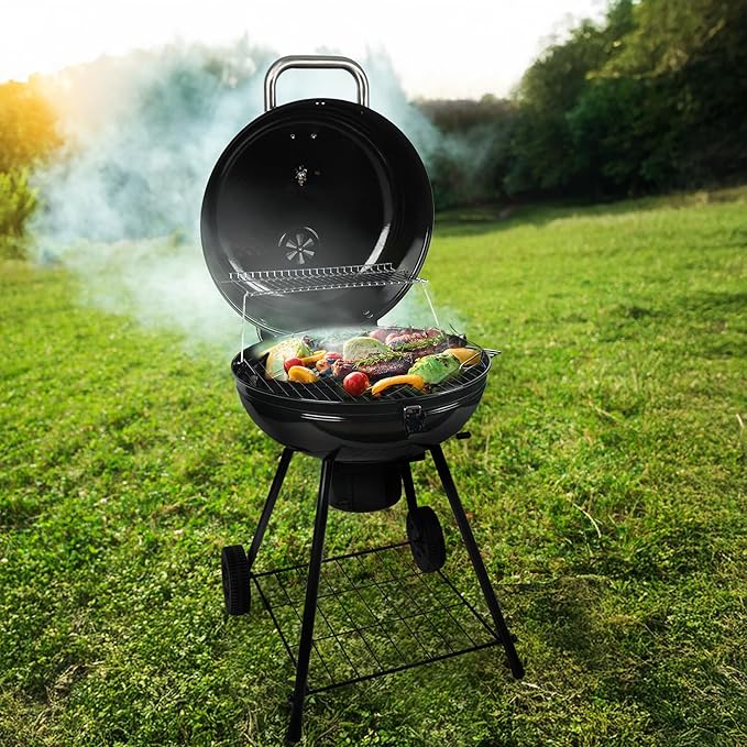 Grill Boss Charcoal Kettle Grill with Large 22-Inch Cooking Area - Includes Warming Rack Bottom Storage Shelf Ash Catcher &amp Wheels for Outdoor BBQ Tailgating Camping &amp Backyard Grilling