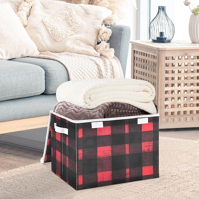Storage Cube with Lid Black and Red Plaid Print 16.5×12.6×11.8 IN Collapsible Large Capacity Foldable Storage Basket Bin Organizer