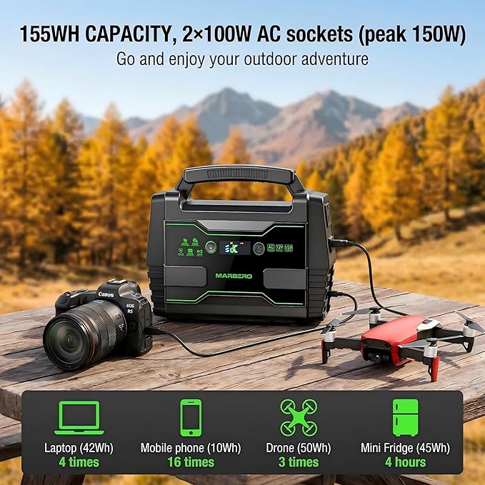 MARBERO Solar Generator 155Wh with 30W Solar Panel Portable Power Station with 2x 100W AC Outlets(Peak 150W) QC3.0 USB UL Certified for Home Blackout Camping RV Travel Ultra-Light &amp Silent Fan