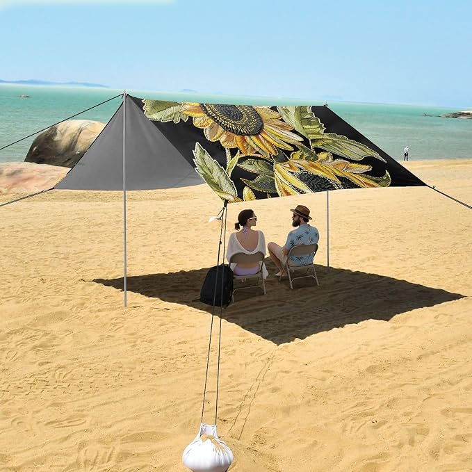 ALAZA Sunflower Embroidery Style Beach Tent Sun Shelter UPF50+ Protection Beach Shade Canopy w/ 4 Sandbags for Outdoor Camping Fishing Backyard Fun Picnic 10x9 ft