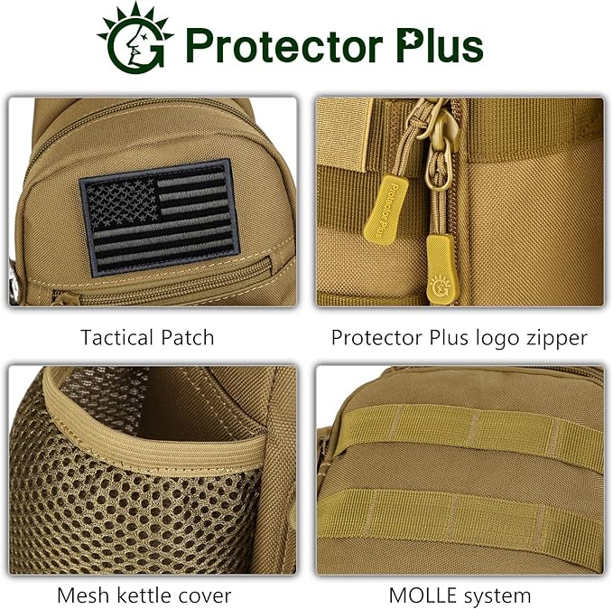 Protector Plus Tactical Sling Bag Military MOLLE Crossbody Pack Chest Shoulder Backpack with Water Bottle Holder Pouch EDC Diaper Motorcycle Bicycle Daypack (Patch Included)Brown