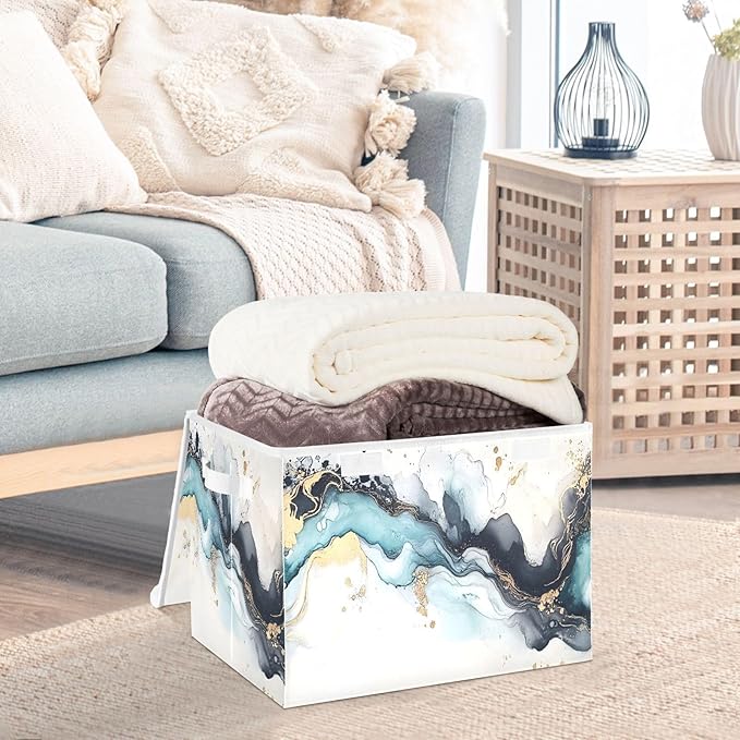 Storage Cube with Lid Teal Gold Marble Print 16.5×12.6×11.8 IN 1 Pack Collapsible Large Capacity Foldable Storage Basket Bin Organizer