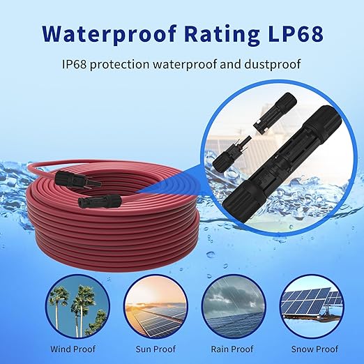 Solar Extension Cable 10AWG 6mm² 328FT PV Panels Wire 10Gauge Adaptor Cables with Female &amp Male Waterproof Connectors for Outdoors Marine Photovoltaic 328Ft (100m) Red