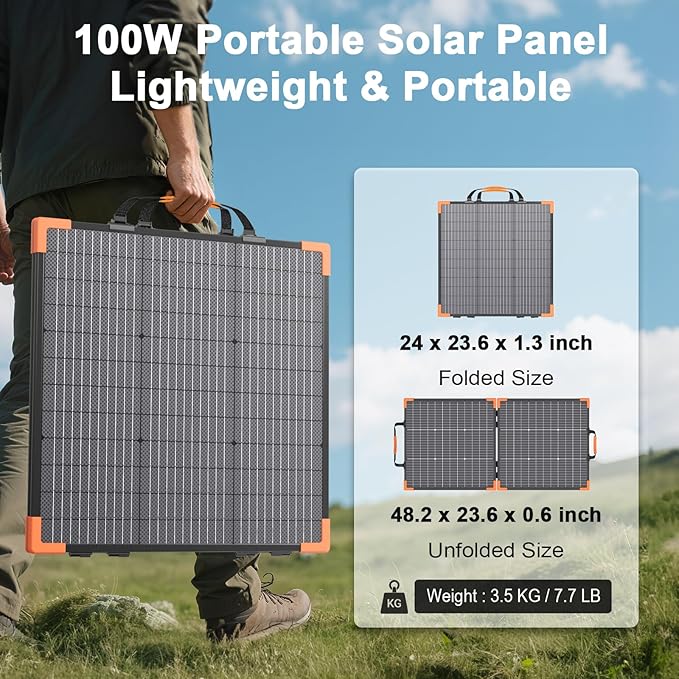 100 Watt Bifacial Portable Solar Panel for Power Station 20V Foldable Solar Charger with IP68 Waterproof 23.5% High Efficiency with 2 Reinforced Kickstands for Camping RV Off-Grid Blackouts