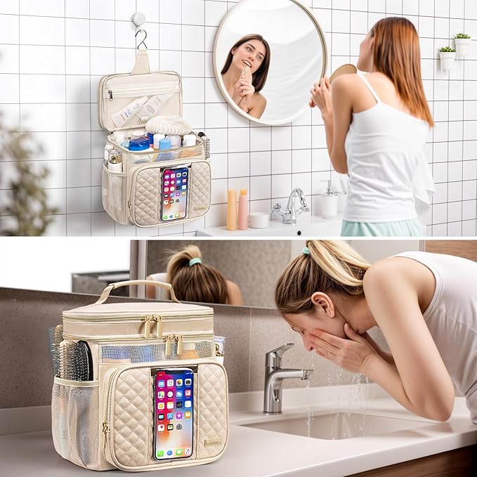 Large Leather Toiletry Bag for Women MenBathroom BagWater Resistant Shower BagMakeup BagPortable Shower Caddy for College DormHanging Travel Toiletry Bag with Transparent Waterproof Phone Pocket