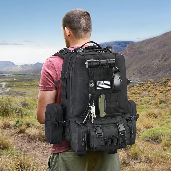 CVLIFE 60L Tactical Backpack for Men Women Military Large Army Rucksack With D-Ring Molle Clips Compass Accessories 3 Day Bug Out Survival Molle Bag Hiking Camping Gym Daypack BackpacksBlack