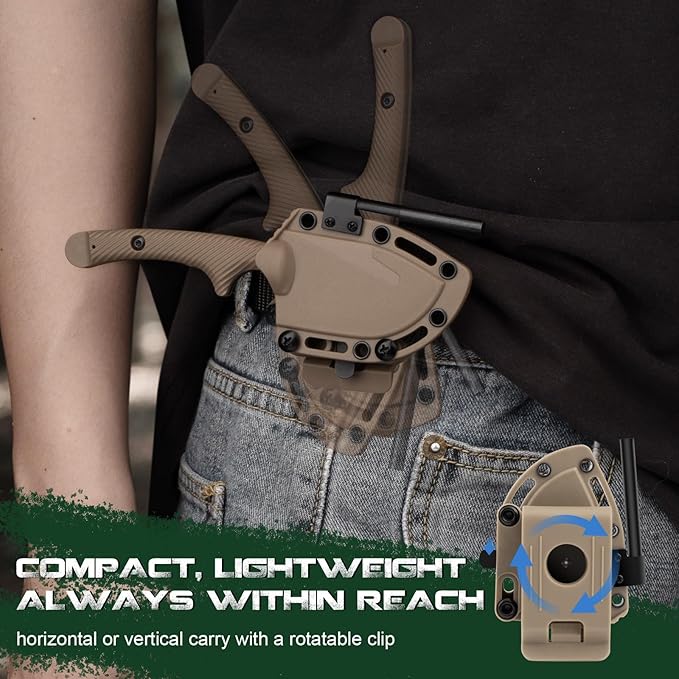 Small Hunting Knife HO-YN Compact Fixed Blade Knife with Gut Hook Rotating Clip &amp Whistle for Fishing &amp Outdoor (Khaki)
