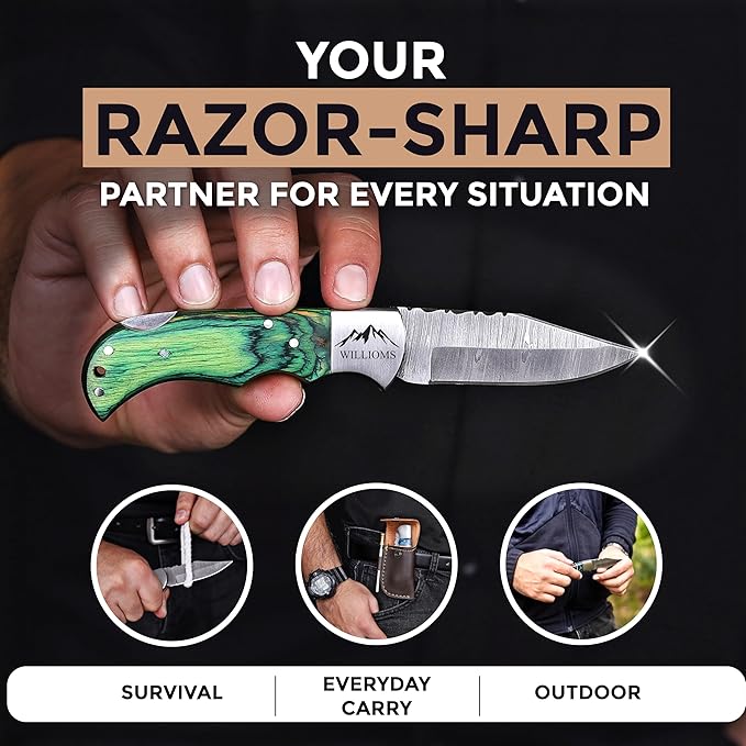 Custom Pocket Knife gifts for Men Personalized Damascus Folding Knife Engraved Gifts for Him Dad Boyfriend Husband Anniversary Groomsmen Gifts. Custom Knife for Camping Hunting Everyday Carry (