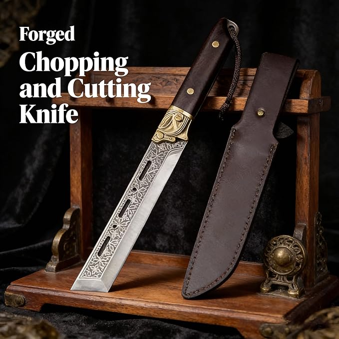 Big Horn Hunter Tactical Knife Hand Forged 1095 Carbon Steel Fixed Blade with Rosewood Handle Leather Sheath Eagle Wing Design 8.5 Inches