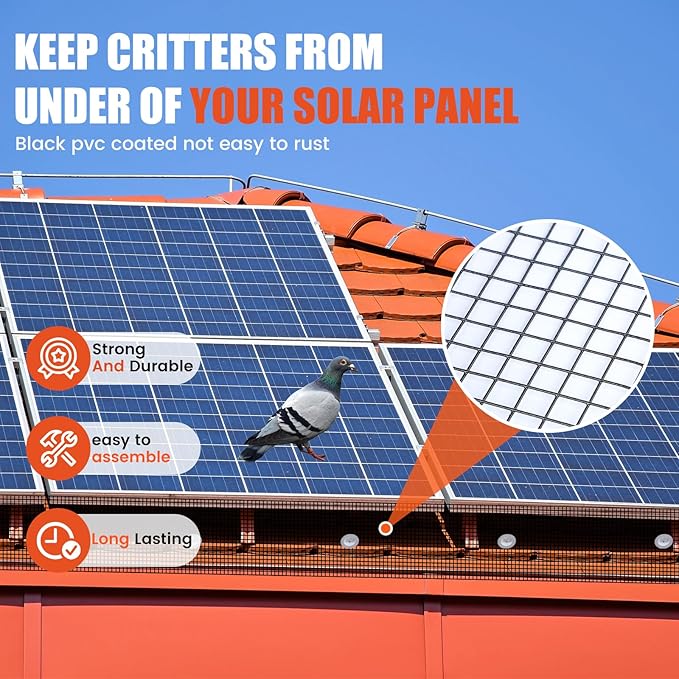 1/2 6 X 100' Solar Panel Bird Guard Mesh with 60 Fastener Clips Critter Guard for Solar Panels PVC Coated Galvanized Bird Guard for SquirrelBirdCritters Proofing