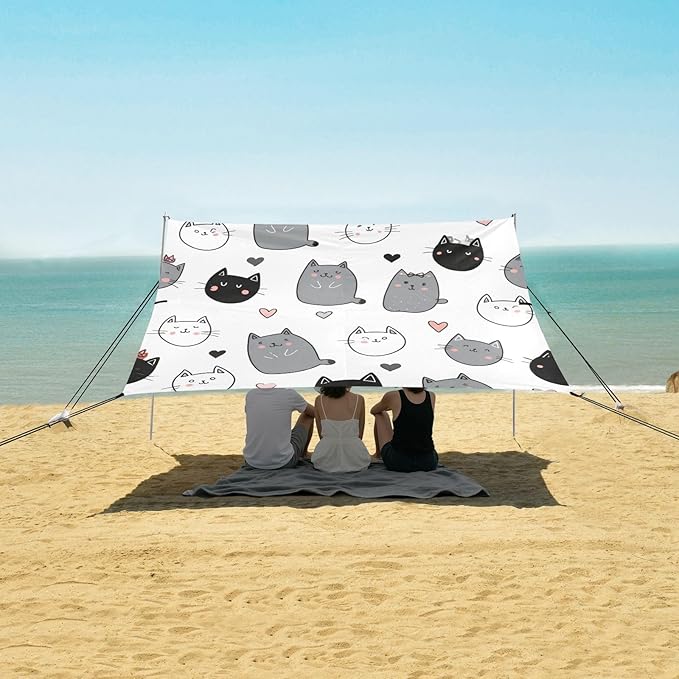 xigua Cat Pattern Beach Tent Sun Shelter with Carrying Bag - Silver Coated Oxford Fabric Beach Canopy for Beach Camping Fishing - Includes Windproof Ropes Sandbags &amp Stakes