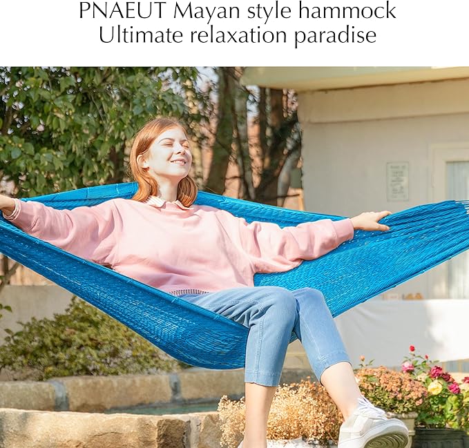 PNAEUT Handwoven Mayan Hammock Thick Soft Rope Double Hammock for Outdoor Outside &amp Indoor 600 lbs Capacity Heavy-Duty Includes Tree Straps Carabiners &amp Carrying Bag (Glacial Lake Blue X-