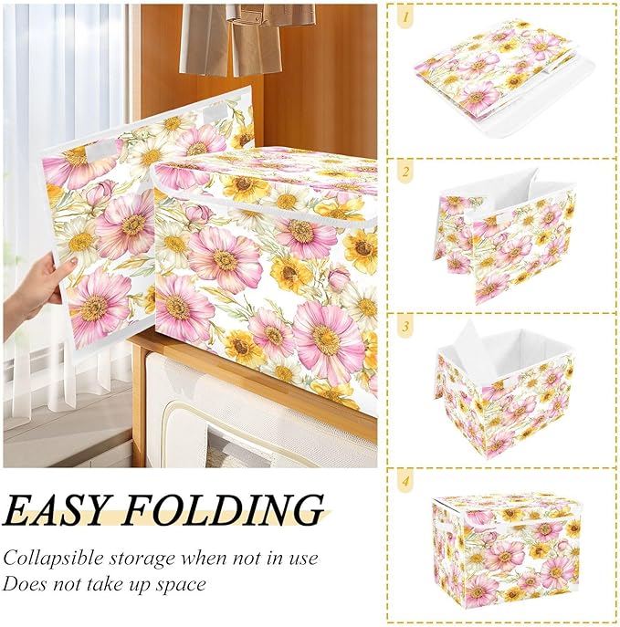 Flowers Fabric Storage Bins with Lids and HandleFoldable Storage Bins with LidsCloset Organizers for Clothes Storage Room Organization Office Storage Chest Organizer
