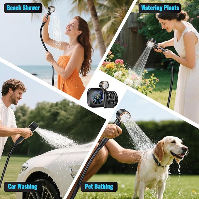 Upgraded Portable Shower with Heater 1500W Immersion Heated 8000mAh Rechargeable Camping Shower Pump with LED Display IPX8 Waterproof Lightweight Outdoor Shower Pump Kit for Hiking