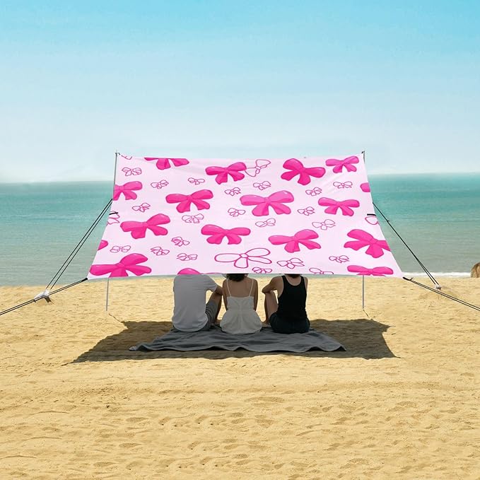 xigua Bow Tie Beach Tent Sun Shelter with Carrying Bag - Silver Coated Oxford Fabric Beach Canopy for Beach Camping Fishing - Includes Windproof Ropes Sandbags &amp Stakes