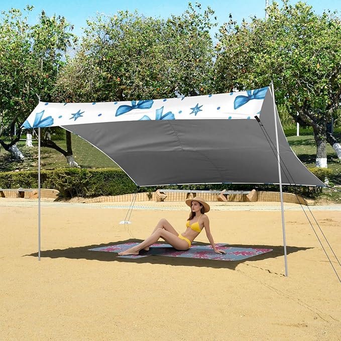 xigua Blue Bows Tie Beach Tent Sun Shelter with Carrying Bag - Silver Coated Oxford Fabric Beach Canopy for Beach Camping Fishing - Includes Windproof Ropes Sandbags &amp Stakes